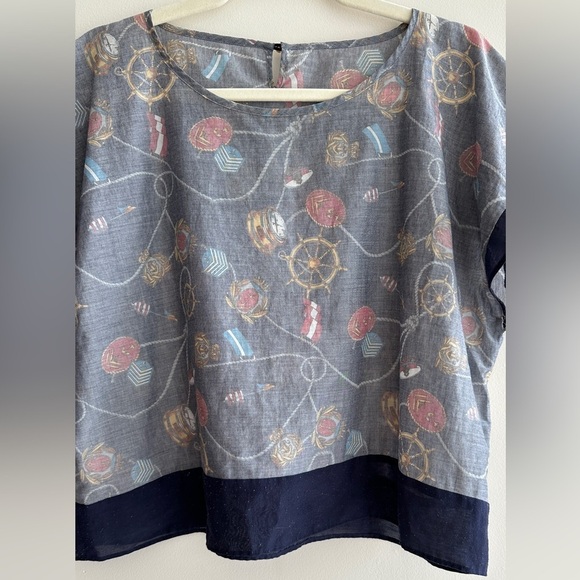 Eveve Nautical Print Blouse, Coastal Grandma Preppy Blouse, Navy Blue, Medium - Picture 4 of 15